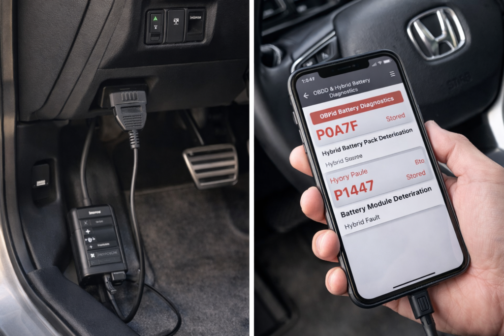 OBD2 scanner plugged into Honda Accord Hybrid showing P0A7F and P1447 codes, indicating hybrid battery failure signs.