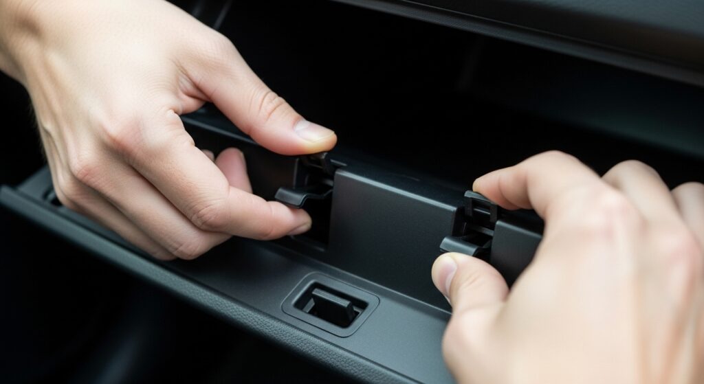 How Do You Remove the Glove Box Safely? showing hands pressing glove box stoppers inward step by step close-up view