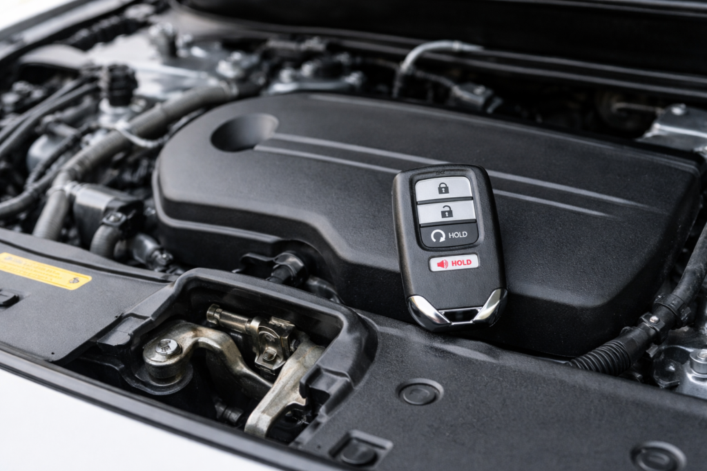 Real photo of Honda Accord engine bay with key fob placed, remote start button visible, guide for how-do-you-troubleshoot-remote-start-issues.