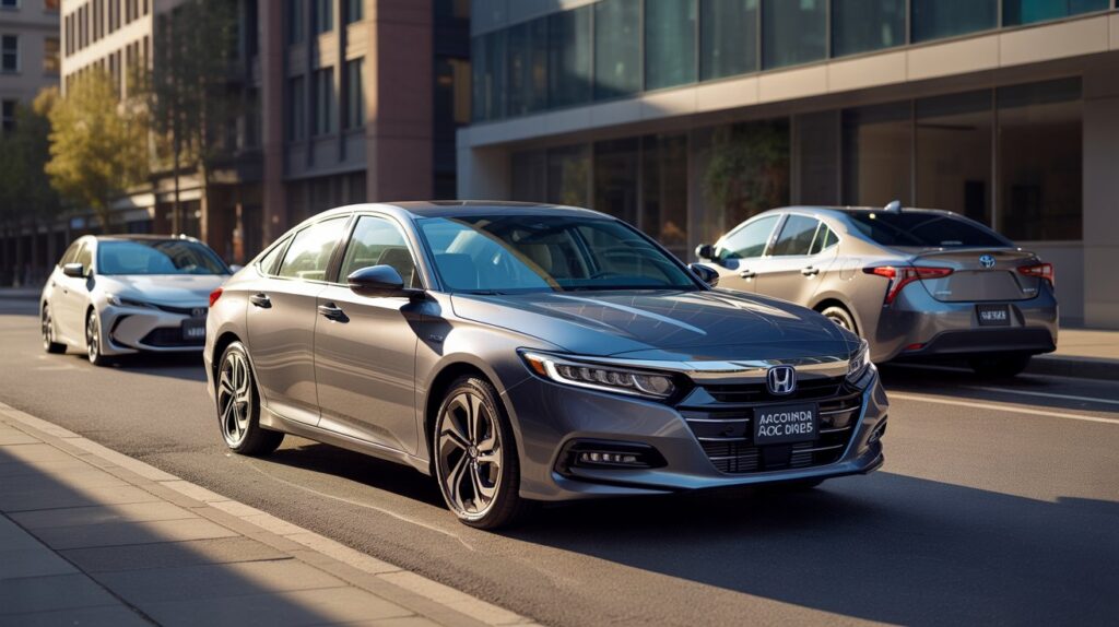 Honda Accord Hybrid driving in city traffic, showing how does Accord Hybrid compare to other hybrids in real-world performance and style.