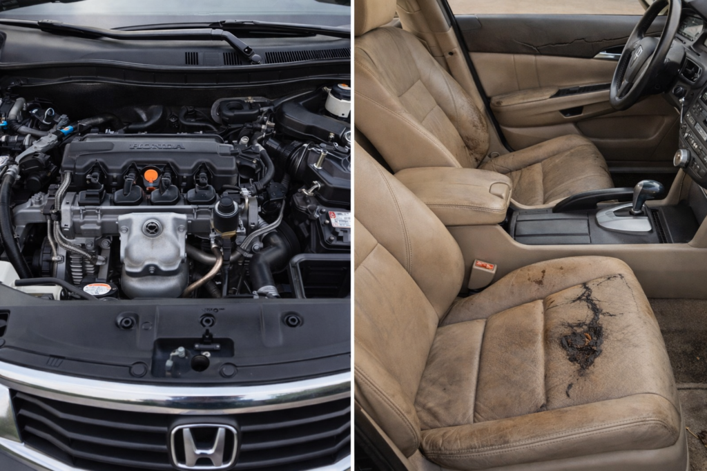 Split image showing how condition affects 2010 Accord’s value with clean engine bay vs worn interior and damaged seat comparison
