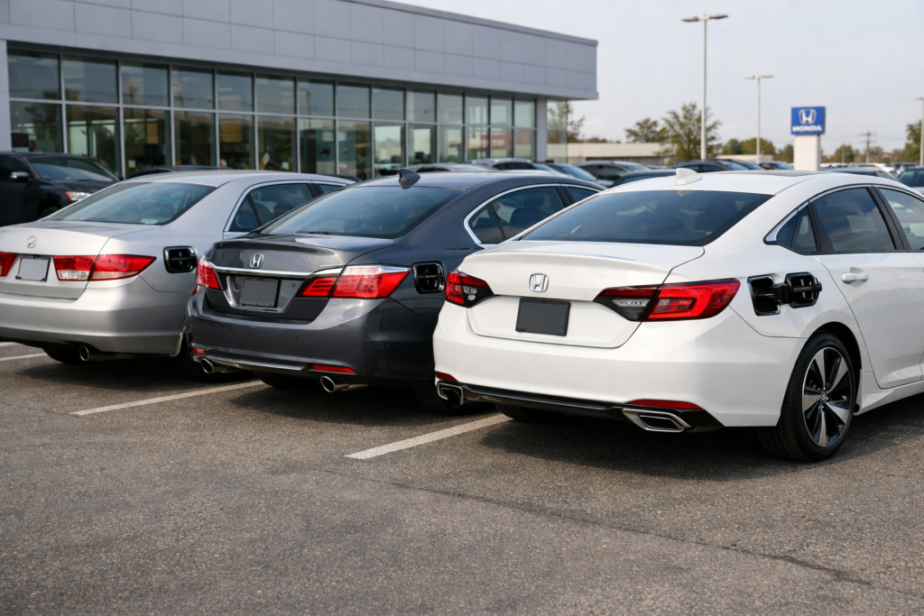 Three Honda Accord models from different years parked side by side, showing how the gas tank differ by Accord year in real view.