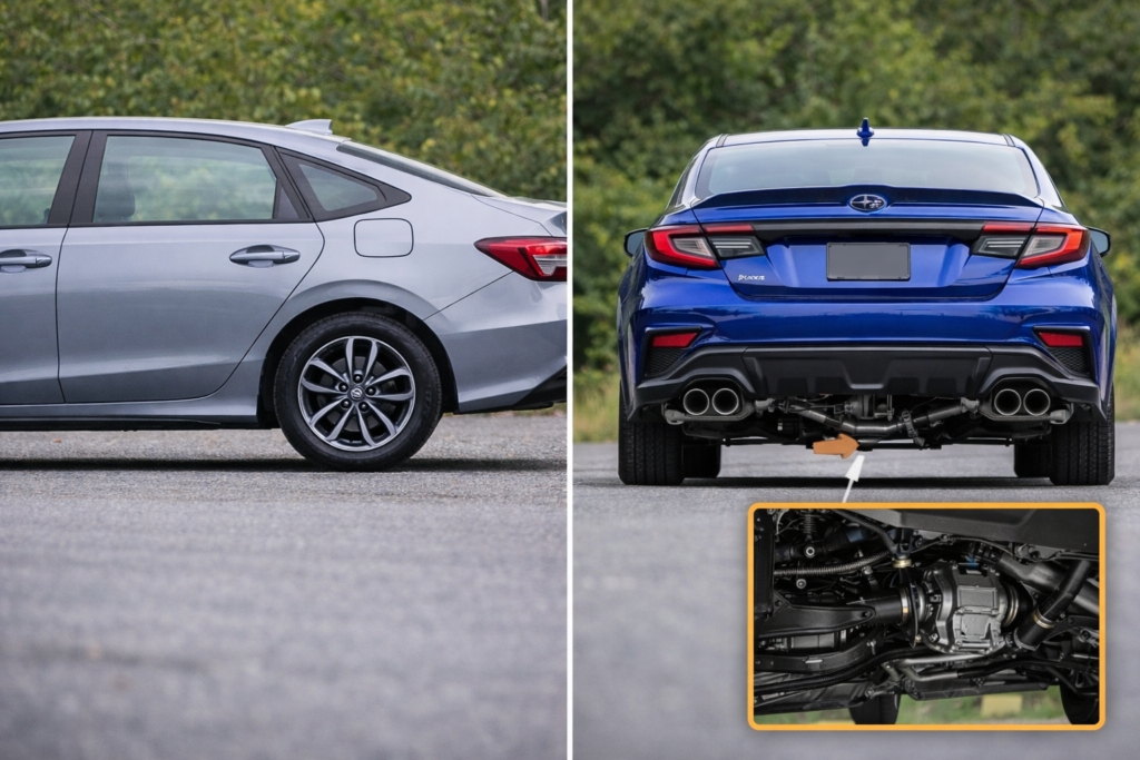 How Does the Honda Civic Compare to AWD Competitors? Side-by-side Civic FWD vs AWD sedan showing rear differential hardware.