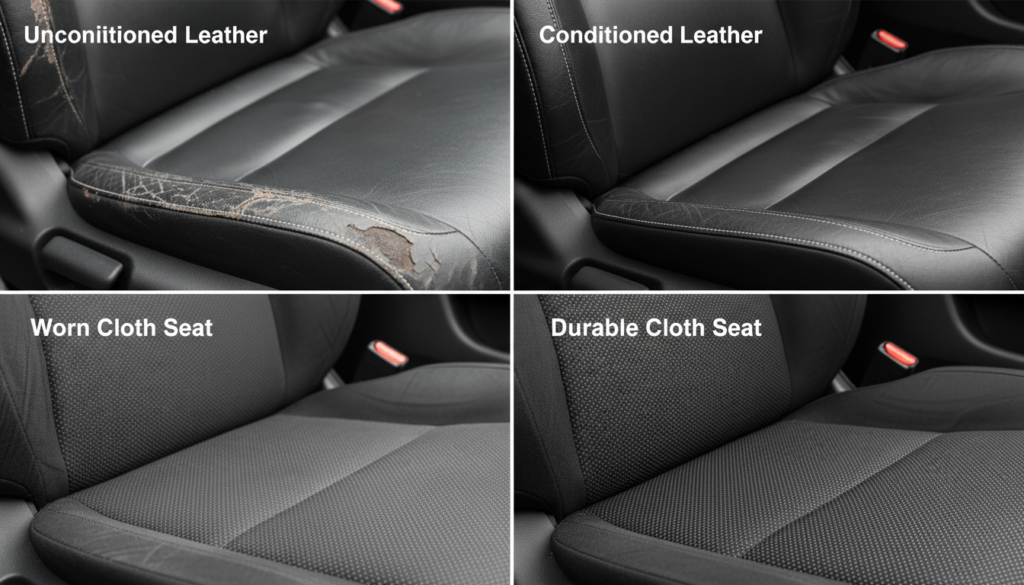 Comparison of unconditioned vs conditioned leather and worn vs durable cloth car seats showing seat material durability differences
