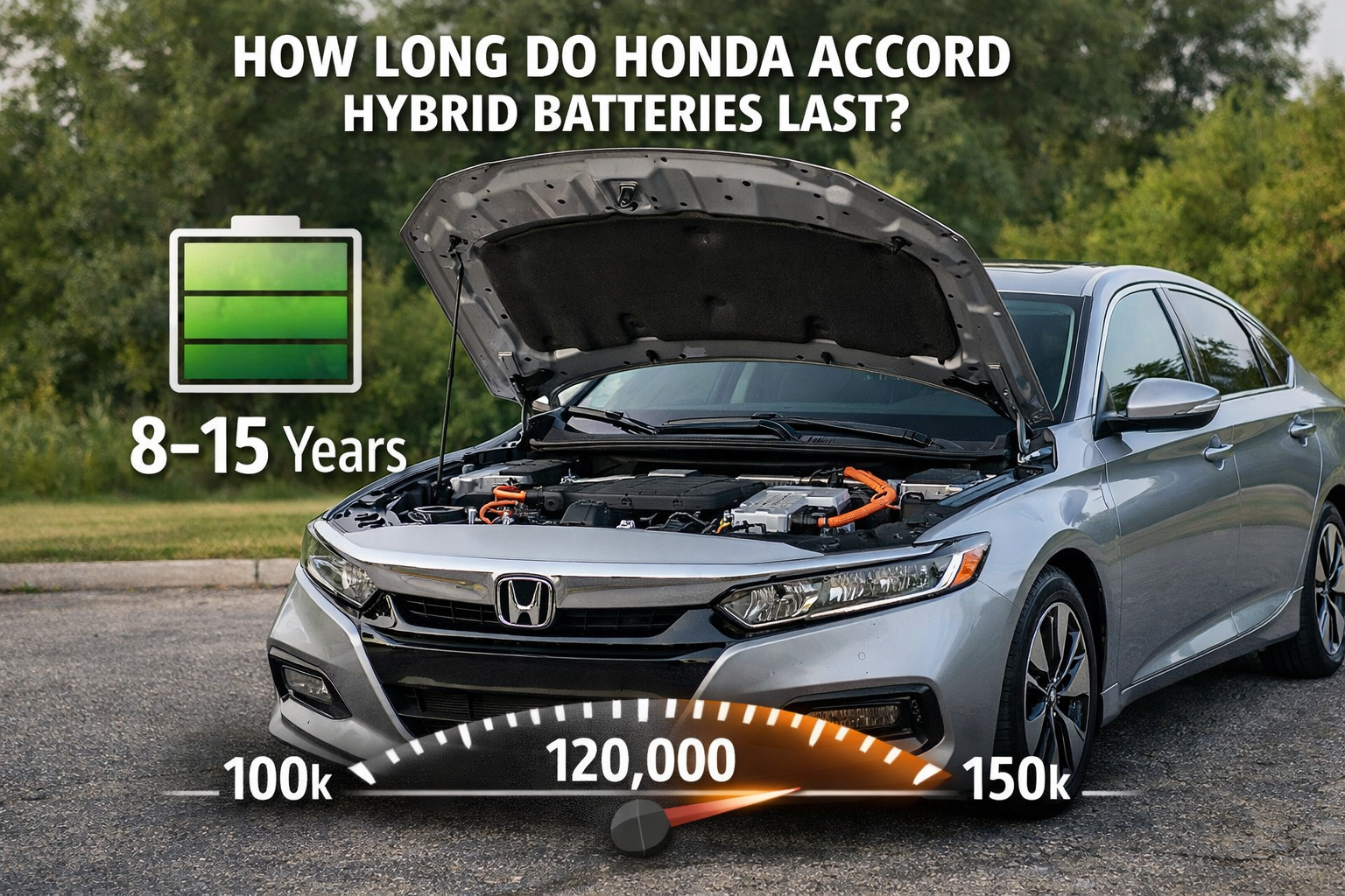 Silver Honda Accord Hybrid hood open ke sath park ki hui, hybrid battery life 8–15 years aur 100k–150k mileage overlay icons ke sath.