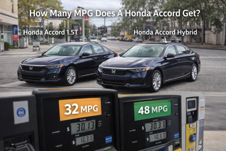 Two Honda Accord models at a gas station showing MPG on pumps, comparing real-world efficiency. How Many MPG Does A Honda Accord Get?