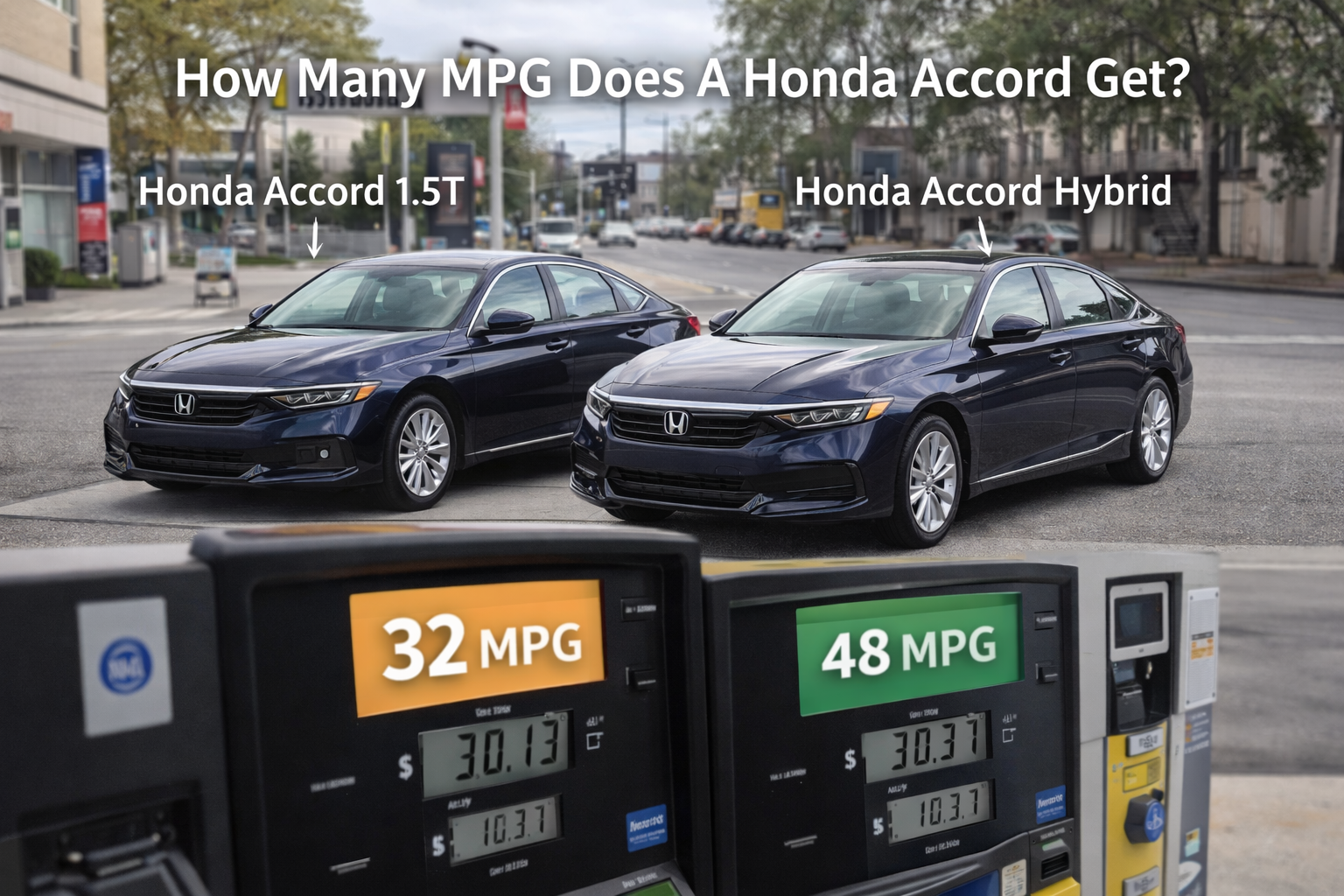 Two Honda Accord models at a gas station showing MPG on pumps, comparing real-world efficiency. How Many MPG Does A Honda Accord Get?