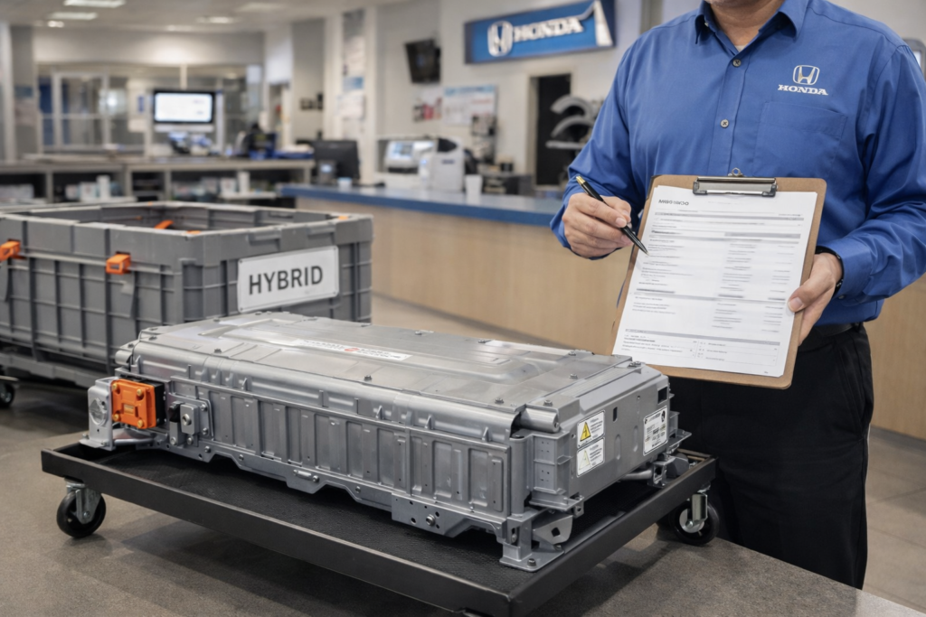 Honda Accord Hybrid battery pack on trolley at dealership service counter with invoice clipboard, showing replacement cost scenario.