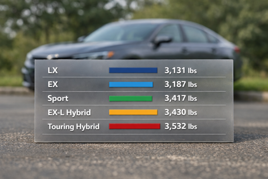 Honda Accord trim curb weight comparison infographic showing LX, EX, Sport, EX-L Hybrid, and Touring Hybrid weights.