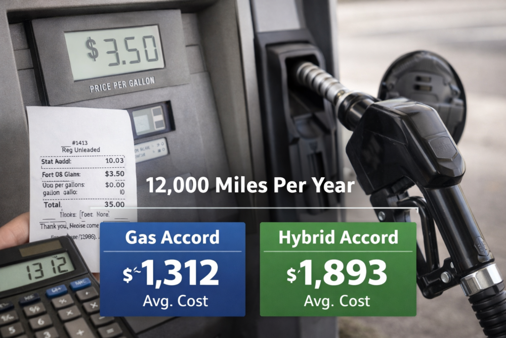 Honda Accord 1.5T and Hybrid at a gas station showing 32 and 48 MPG on pumps, illustrating How Many MPG Does A Honda Accord Get?