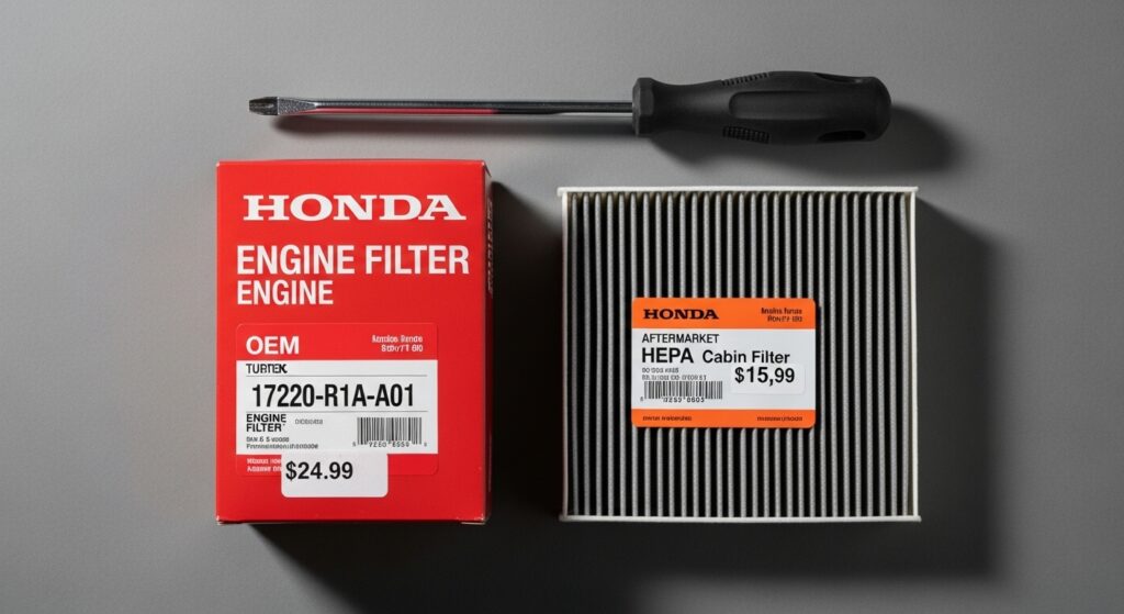 How Much Does It Cost to Replace It? showing OEM Honda cabin air filter box with part number and price beside filter