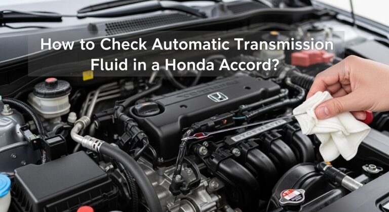 How to Check Automatic Transmission Fluid in a Honda Accord? Hand pulling dipstick in Honda Accord engine bay close-up view