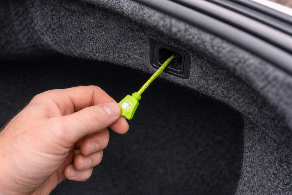 Close-up of Honda Accord trunk showing green emergency release cord being pulled to manually open the gas door.