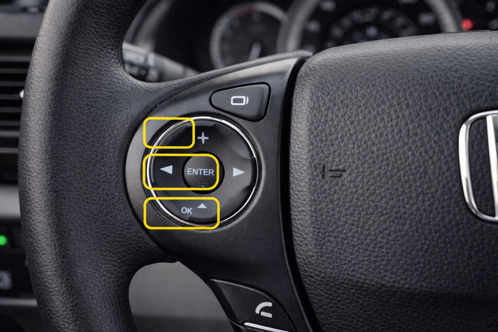 Honda Accord 2013–2017 steering wheel buttons showing i, arrow and Enter/OK controls for oil life reset procedure.
