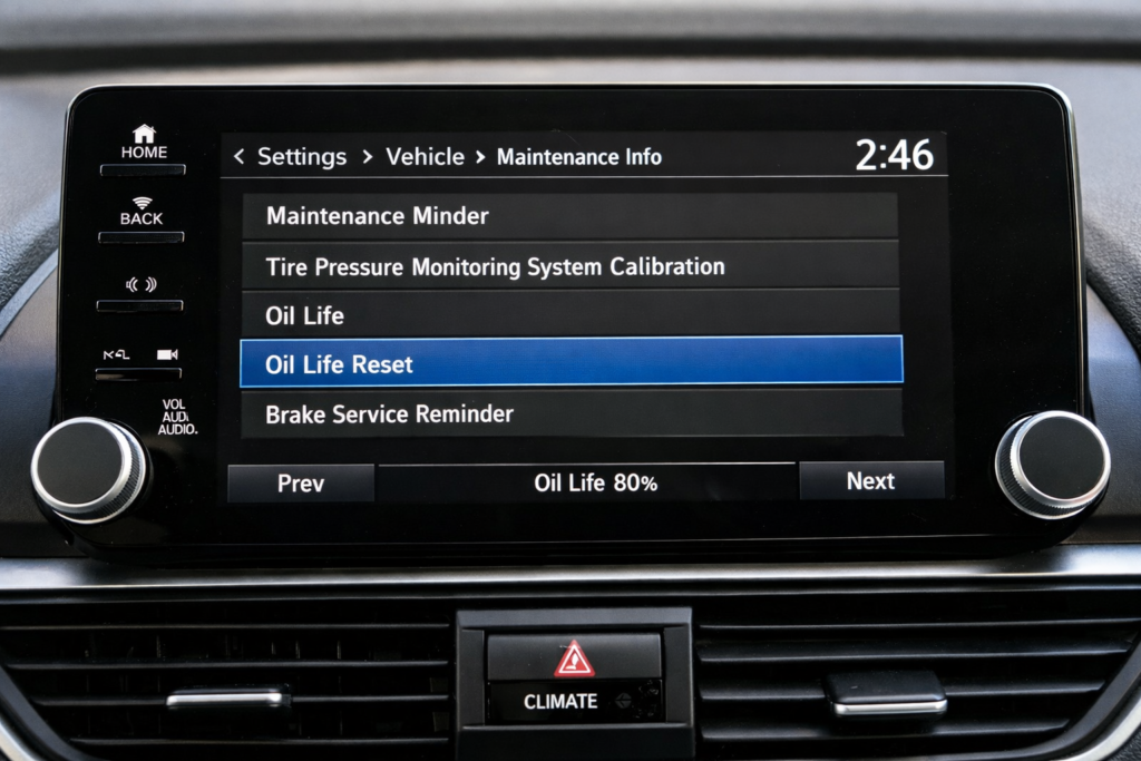 Honda Accord touchscreen showing Settings > Vehicle > Maintenance Info with Oil Life Reset option highlighted on display
