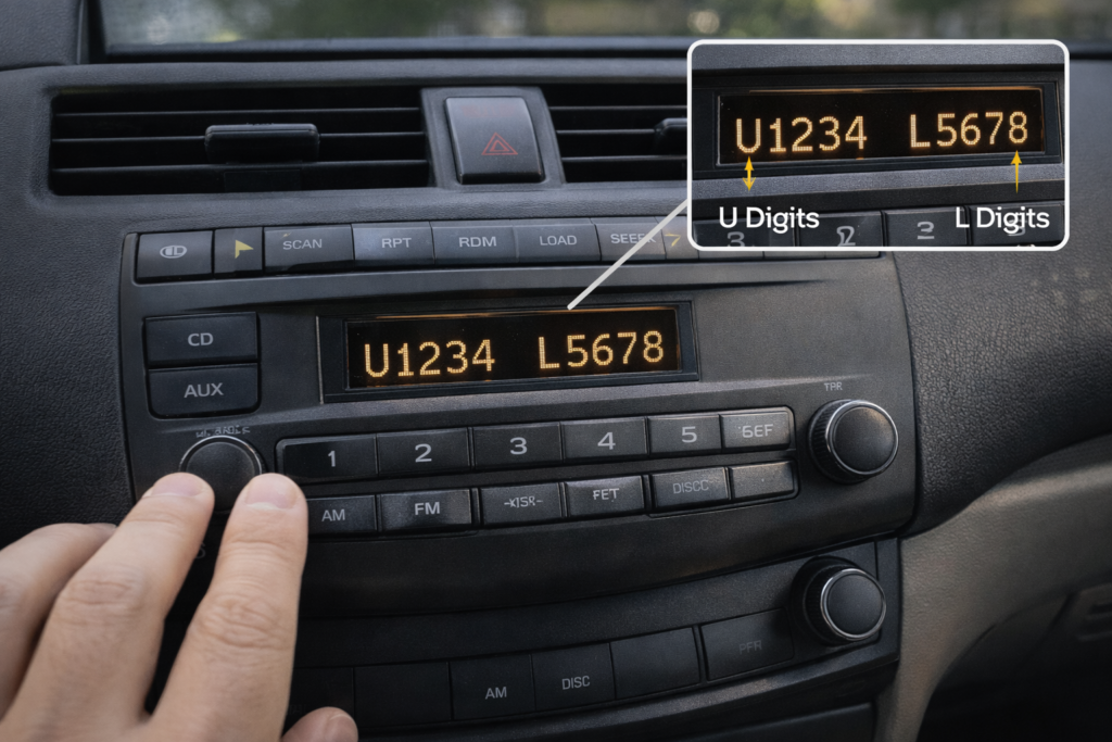 Close-up of Honda Accord radio in ACC mode showing U and L serial digits while pressing 1 and 6, demonstrating how to retrieve your radio serial number.
