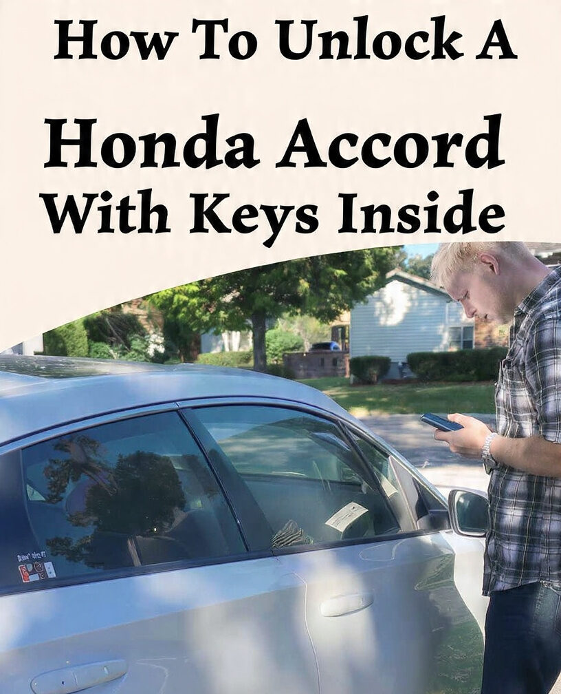 Honda Accord locked with keys inside, driver outside using phone, real-world car lockout situation showing how to unlock a Honda Accord safely