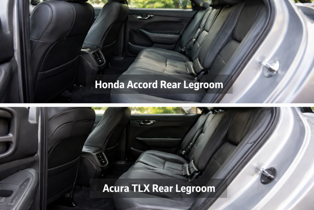 Honda Accord vs Acura TLX rear seat view comparing interior space, comfort and practicality with clear backseat legroom difference.
