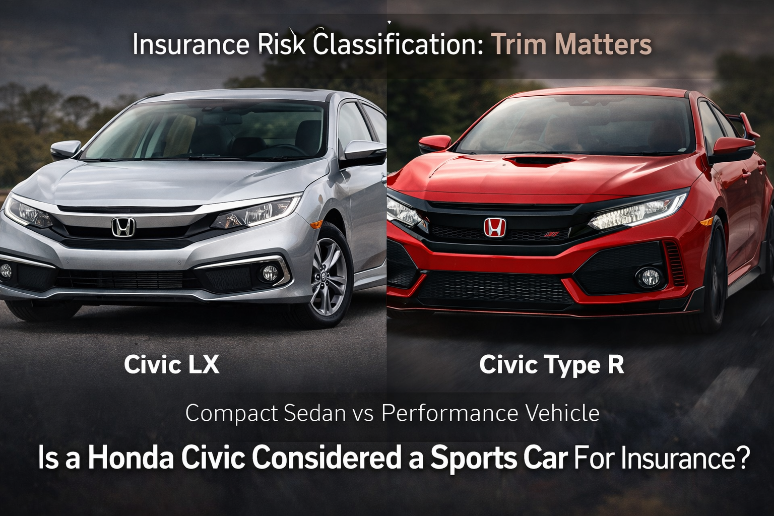 Is Honda Civic Considered a Sports Car For Insurance? Side-by-side Honda Civic LX and Type R comparing trims for insurance risk.