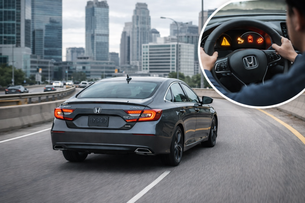 Honda Accord Hybrid driving on highway ramp with dashboard warning lights illuminated, highlighting reduced propulsion risk.
