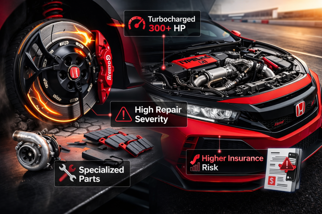 Close-up of Civic Type R turbo engine and brakes with annotations showing high repair severity and insurer risk factors.