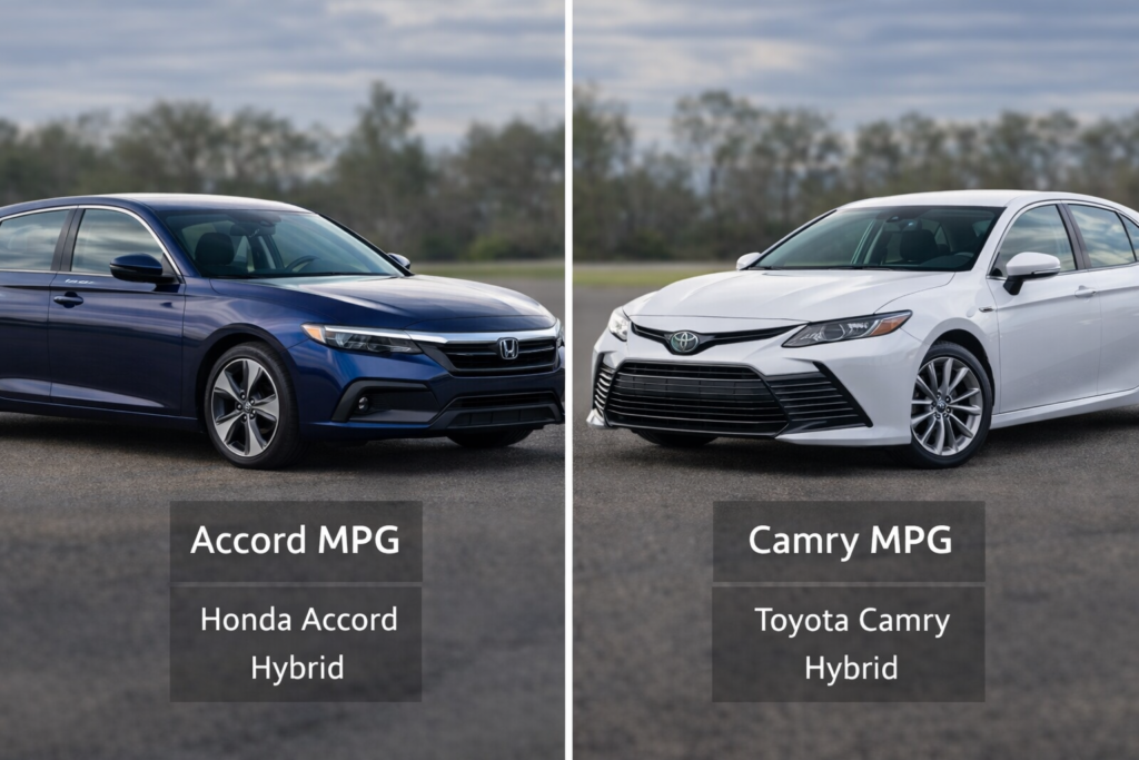 Side-by-side photo of Honda Accord Hybrid and Toyota Camry Hybrid showing MPG comparison, clear badges, daylight outdoor shot.
