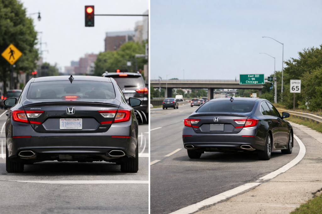 Honda Accord comparison showing jerking at low speeds in city traffic versus smooth acceleration on the highway at 60–70 mph.