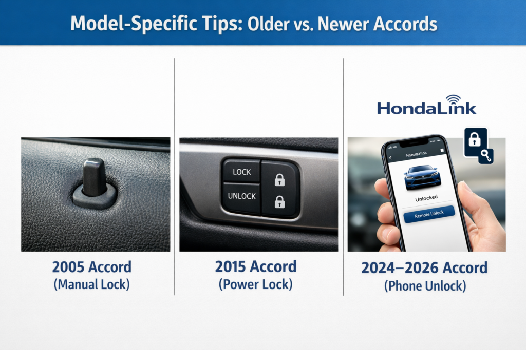 Timeline image showing older newerHonda Accord door locks from 2005 manual lock to 2015 power lock and 2024 HondaLink unlock.