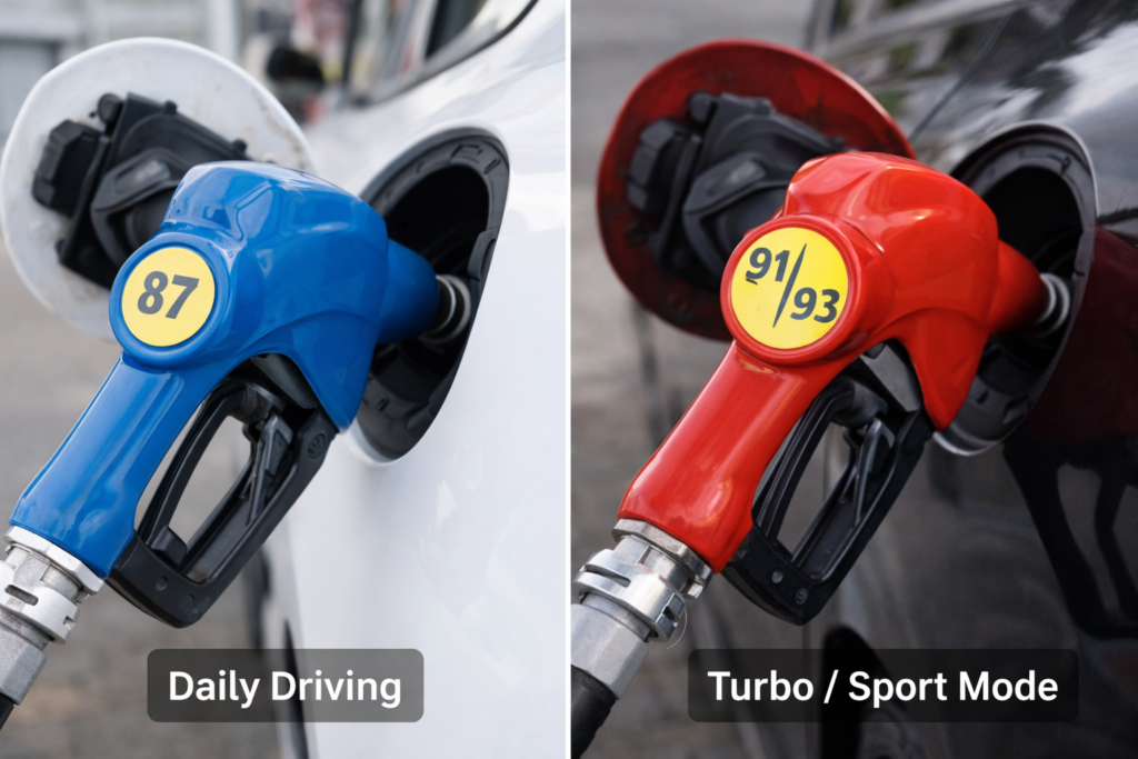 Premium vs Regular gas comparison showing 87 nozzle for daily driving and 91/93 premium nozzle for turbo or sport mode use.
