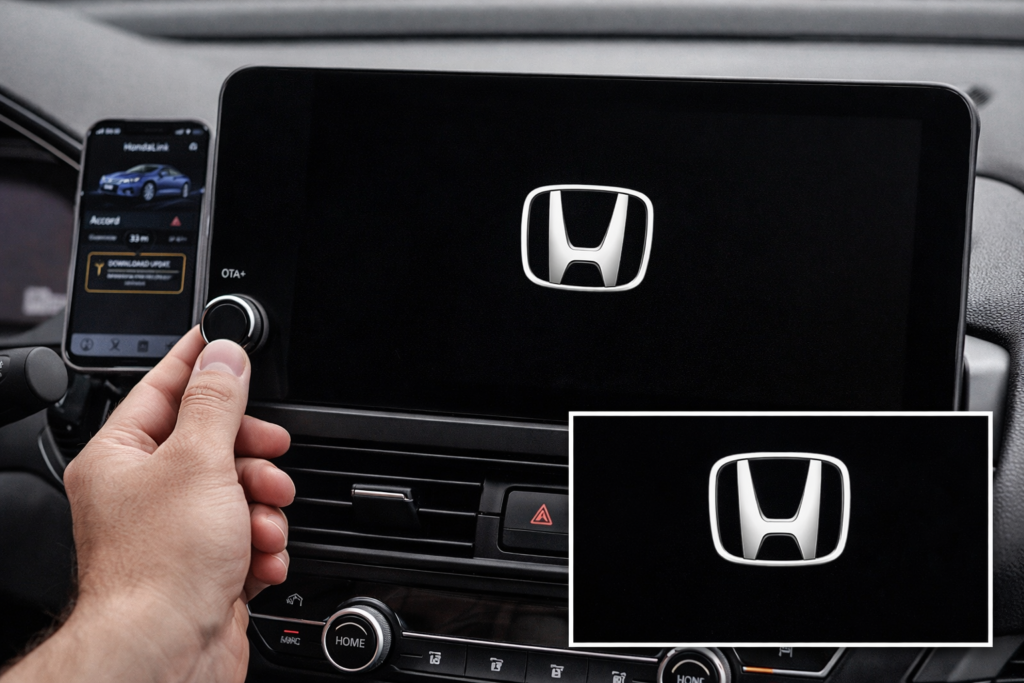Driver holding power knob as Honda Accord infotainment system reboots, screen showing Honda logo during head unit restart process
