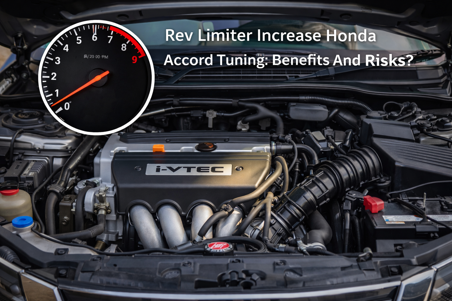Honda Accord engine bay with i-VTEC valve cover and tachometer inset showing redline, rev limiter tuning concept real photo