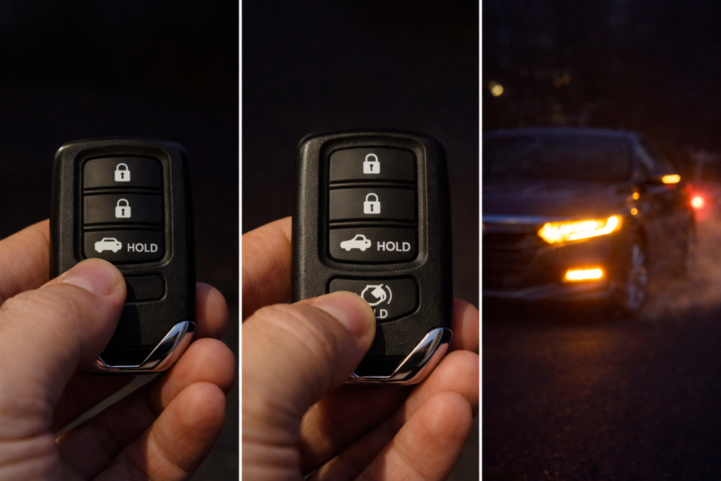 Real photo showing the Honda Accord remote start process, with the key fob lock button pressed, remote start button held, and parking lights flashing at night.