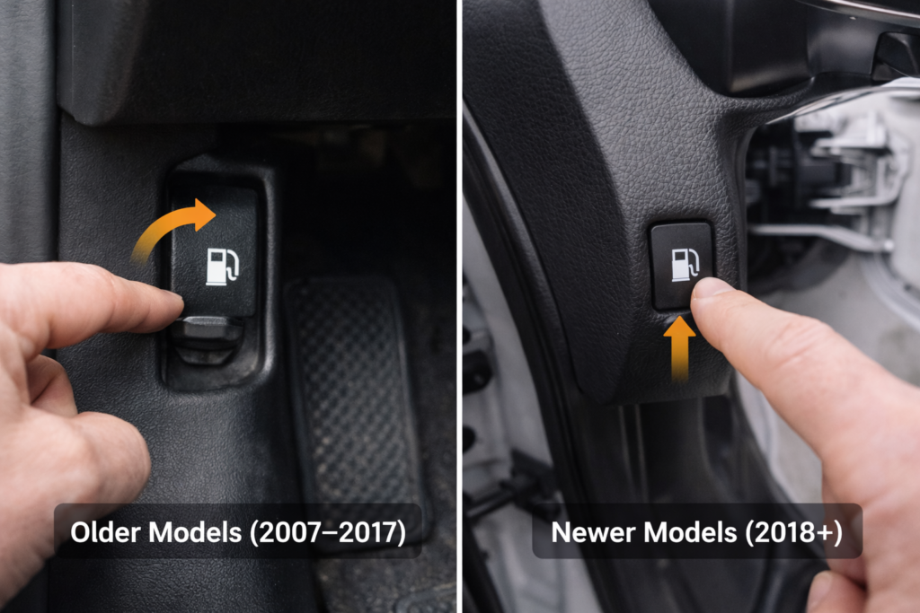 Honda Accord gas tank opening guide showing manual lever (2007–2017) and push-button fuel door release on 2018+ models.