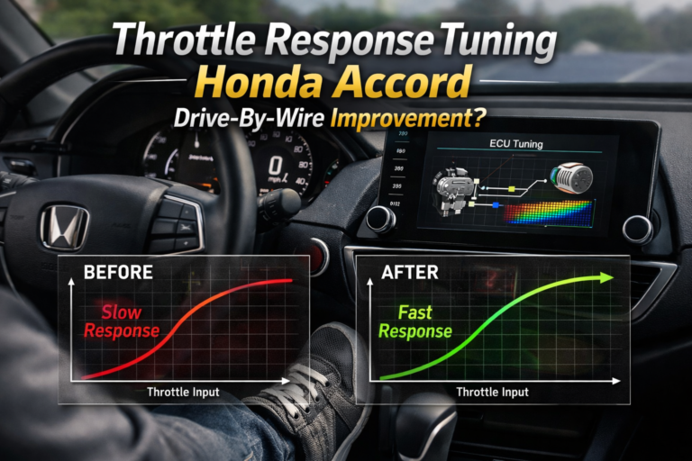 Honda Accord interior showing accelerator pedal input with before and after throttle response tuning graph for drive-by-wire improvement