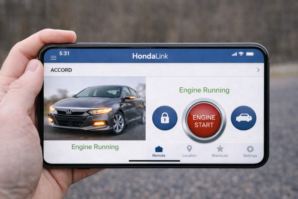 HondaLink app displayed on a real smartphone screen showing Honda Accord remote start active, engine running status visible, and start button shown.