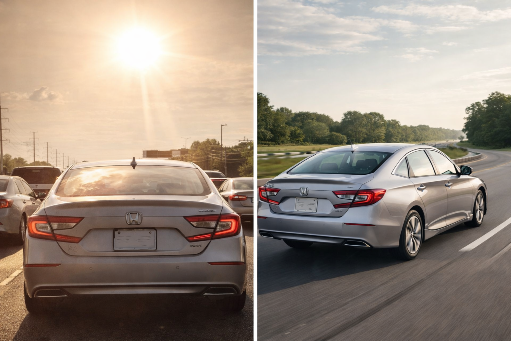 Split view Honda Accord Hybrid traffic heat vs highway cruise, showing factors that affect hybrid battery lifespan.