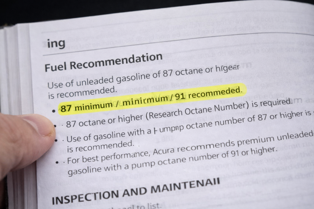 Honda Accord owner’s manual page showing fuel recommendation with 87 minimum and 91 recommended highlighted for Accord engines