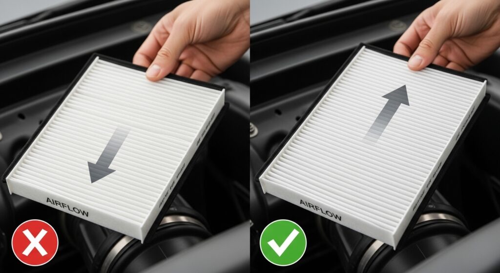 What Happens If the Filter Is Installed Backwards? showing cabin air filter airflow arrow wrong vs correct direction close-up