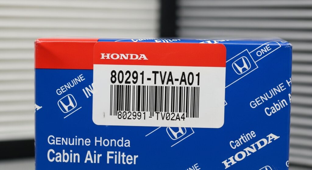 What Is the Correct Cabin Air Filter Part Number? close-up of OEM Honda box showing part number 80291-TVA-A01 clearly