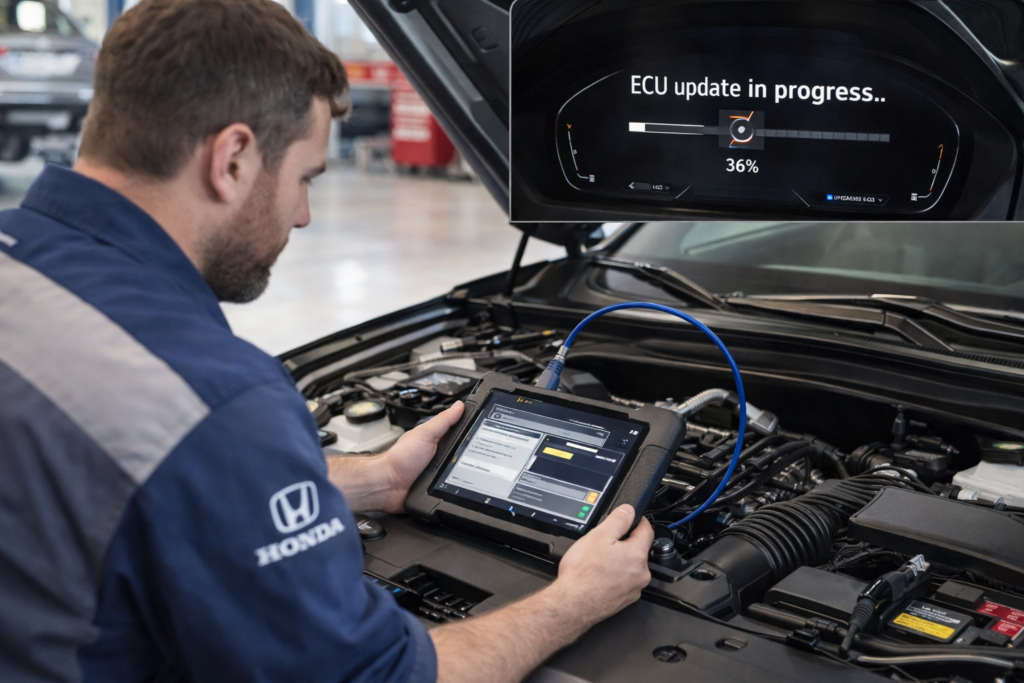 Honda technician performing ECU update on Accord Hybrid with diagnostic tool connected and dashboard showing update in progress.