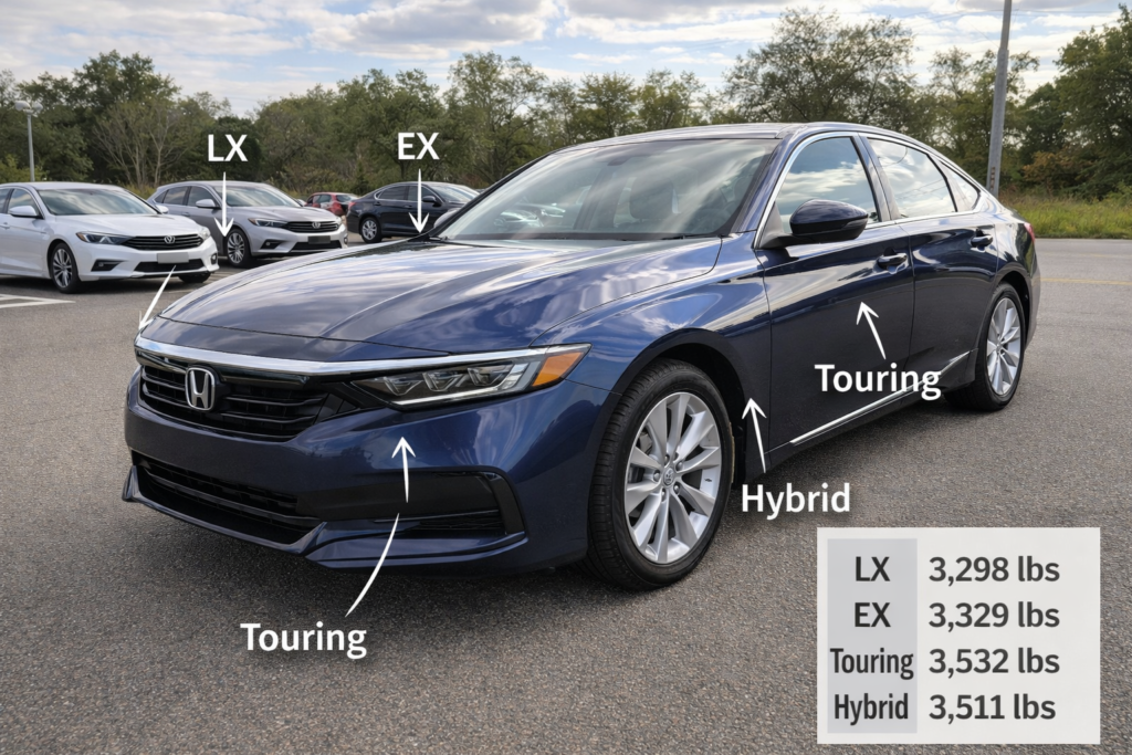 Alt text for the image (125 characters, natural keyword use):

"2025 Honda Accord close-up showing LX, EX, Touring, Hybrid trims on dealership lot with weight details visible"
