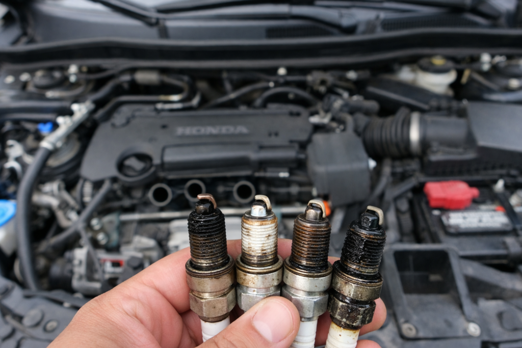 Damaged Honda Accord spark plugs showing carbon buildup, oil fouling, and worn electrodes held in front of an open engine bay.