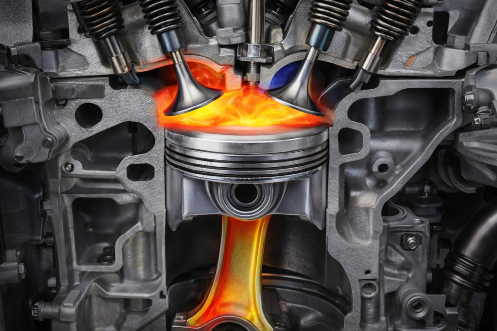 Engine cutaway at redline showing piston at top dead center, valve timing overlap, and glowing combustion chamber heat stress
