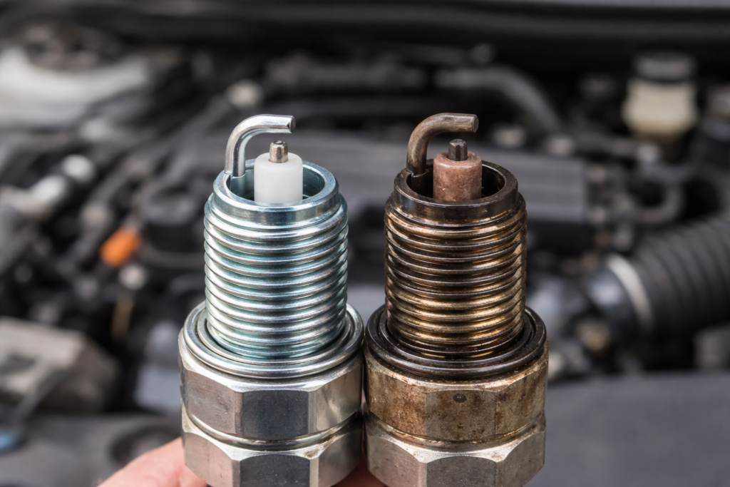 New and worn spark plugs side by side, showing when should Honda Accord spark plugs be replaced for better engine performance.