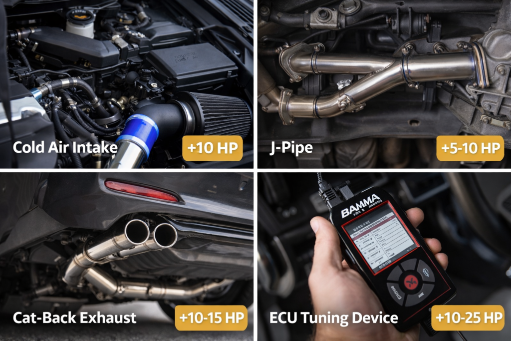 Which Bolt-Ons Add Real Power to V6 Accord showing cold air intake, J-pipe, cat-back exhaust, and ECU tuning device installed.