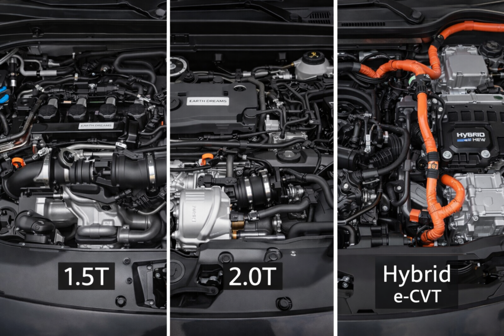 Honda Accord engine MPG comparison showing 1.5T, 2.0T turbo and Hybrid e-CVT powertrain in split engine bay view.
