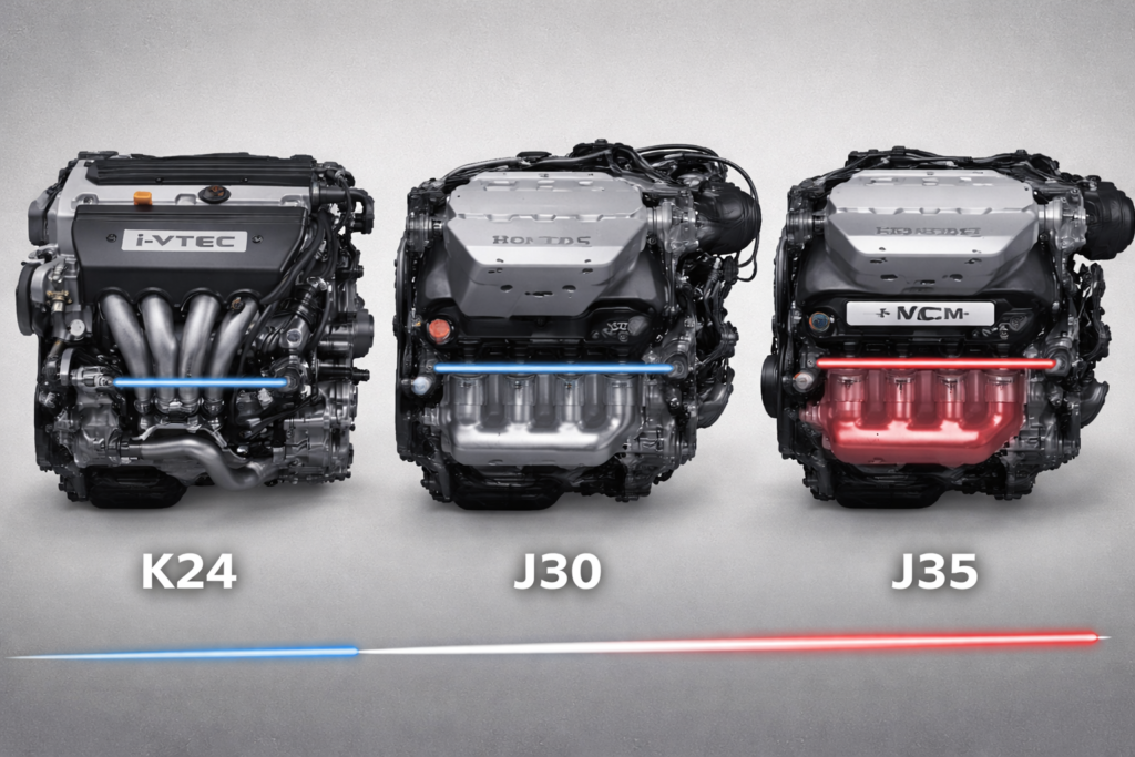 Honda Accord engines K24, J30 and J35 side by side with stroke length comparison, real engine photo for high RPM analysis
