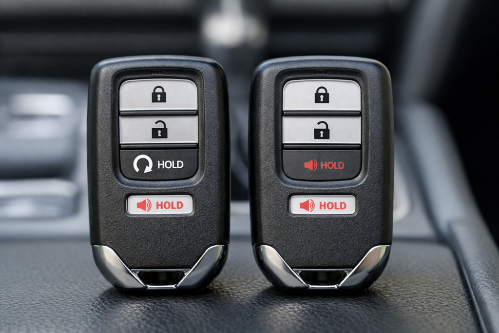 Real close-up of Honda Accord key fobs, one with remote start button and one without, showing clear buttons: Which Honda Accord Models Have Remote Start?