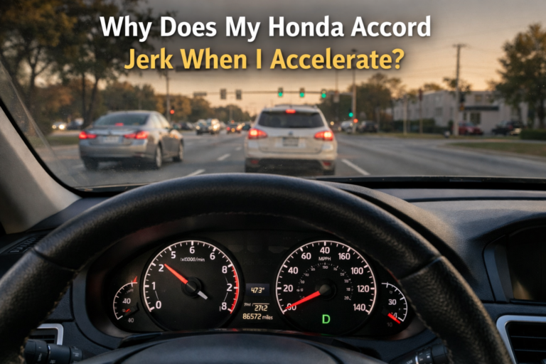 Driver POV of Honda Accord dashboard and road ahead, speedometer and RPM jumping, showing why a Honda Accord jerks when accelerating.