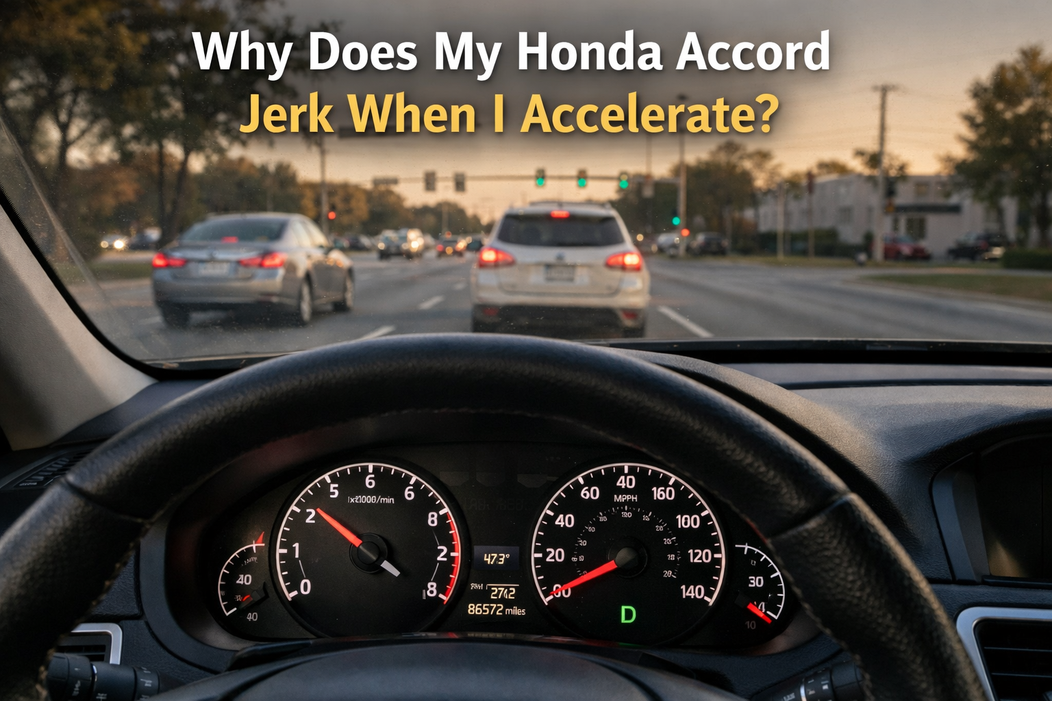 Driver POV of Honda Accord dashboard and road ahead, speedometer and RPM jumping, showing why a Honda Accord jerks when accelerating.